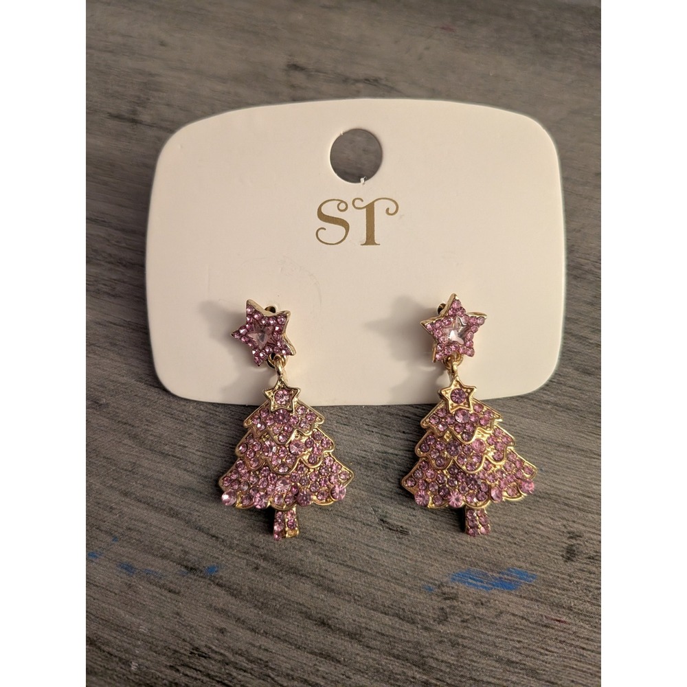 ST Pink Rhinestone Christmas Tree Star Drop Earrings Gold Tone Holiday Jewelry